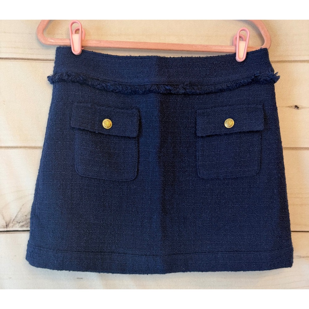 J.Crew Navy Blue Wool Blend Boucle Mini Skirt Gold Crest Buttons BV900 Womens 8